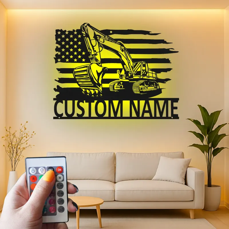Custom Excavator Led Light Metal Wall Art Construction Worker Gift Man Cave Decor