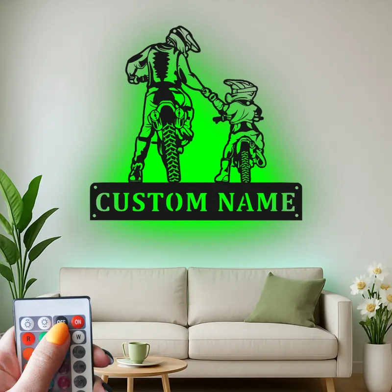 Cartel de metal personalizado con luz LED para padre e hijo motocross, regalo único para papá, decoración para garaje o man cave