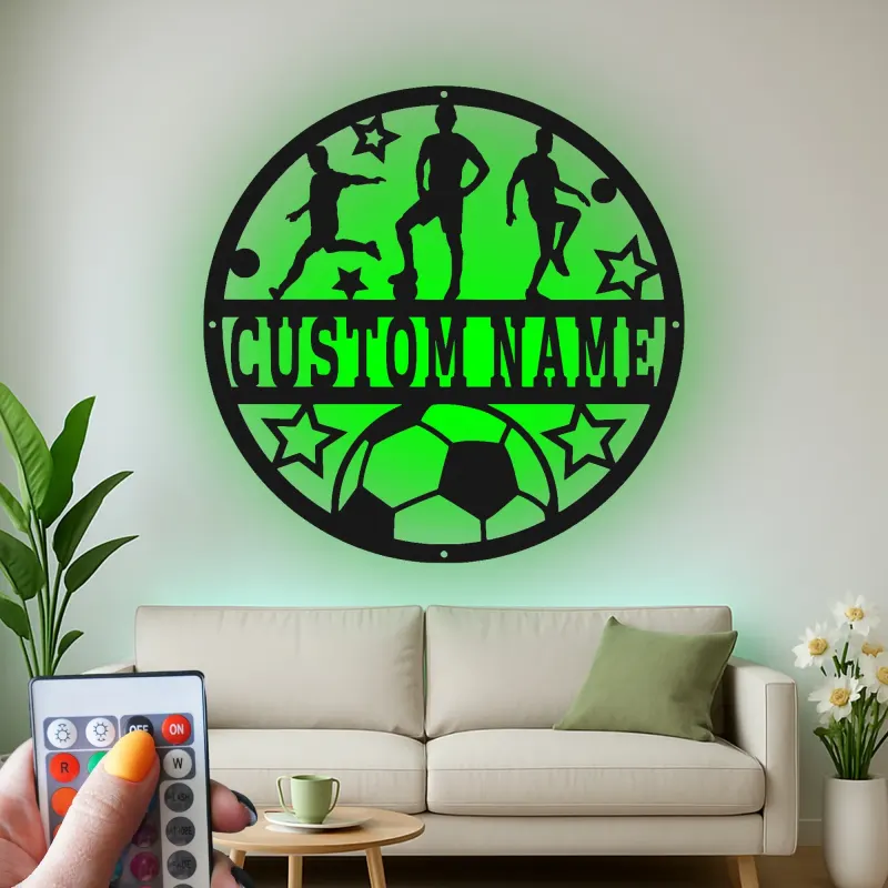 Panneau de Football Personnalisé avec LED | Décoration Murale en Métal Personnalisée | Décor de Chambre d'Enfants & Cadeau pour Athlète Adolescent