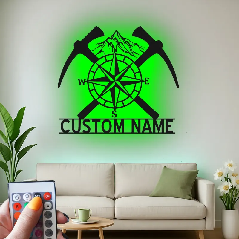 Personalisiertes Bergkompass Metall-Schild | LED Licht für Wanderer | Wandkunst für Outdoor-Entdecker im Büro & Zuhause
