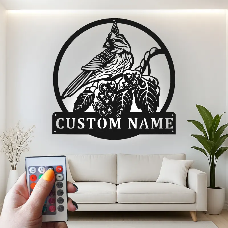 Personalisierte LED-Metall-Wandkunst mit Kardinalvogel – Geschenk für Vogelliebhaber, Garten- oder Terrassendeko