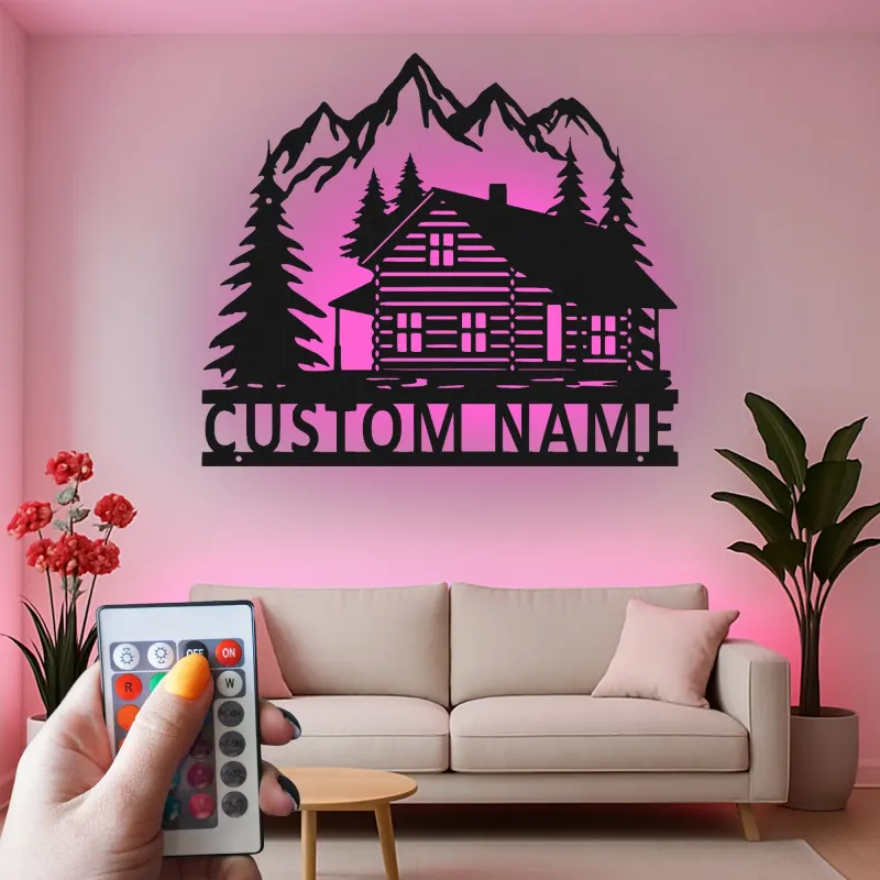 Custom Mountain Cabin Led Light Metal Wall Art Personalized Housewarming Gift Rustic Living Room Decor
