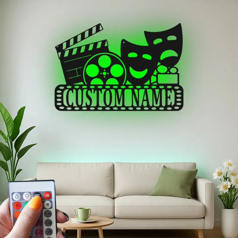Personalized Theater Sign with LED | Custom Movie Room Decor | Metal Film Reel & Masks Wall Art for Cinema Lover Gift