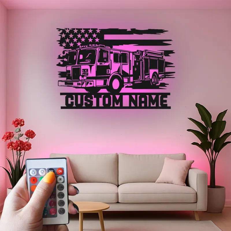 Enseigne personnalisée pour pompier en métal avec LED | Décoration murale personnalisée de camion de pompiers | Cadeau pour pompier pour déco de caserne