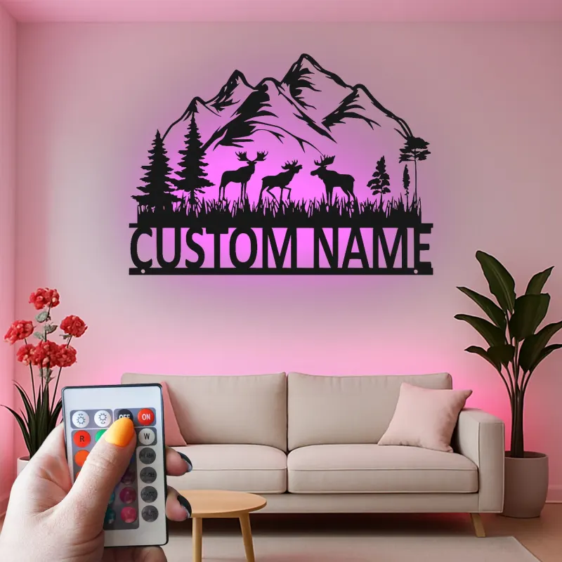 Custom Moose Mountain Metal Sign | LED Rustic Wildlife Wall Art | Personalized Cabin Decor Gift for Nature Lovers