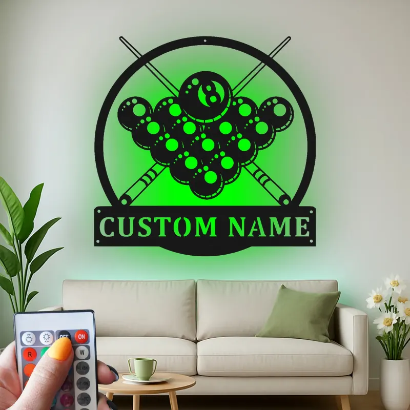 Insegna in metallo personalizzata con luce LED per tavolo da biliardo regalo personalizzato per decorazione per appassionati di biliardo