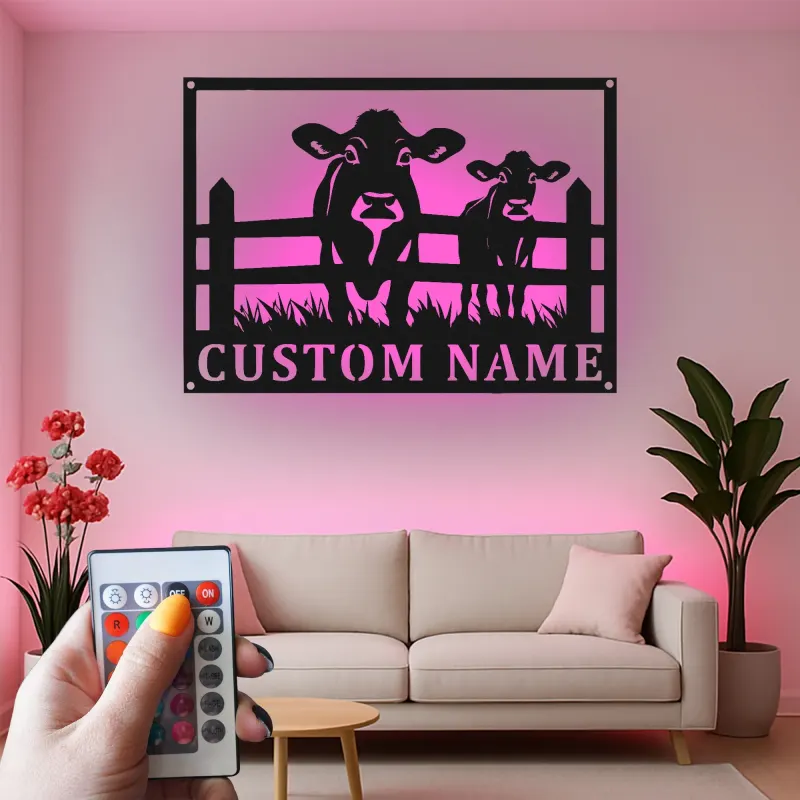 Insegna in metallo LED personalizzata con mucca e vitello - Regalo per agricoltori - Decorazione rustica per fienile
