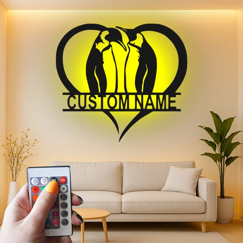 Arte Murale in Metallo Personalizzata con Pinguino e LED | Regalo di Anniversario per Coppia | Insegna Silhouette a Cuore per Amanti dei Pinguini