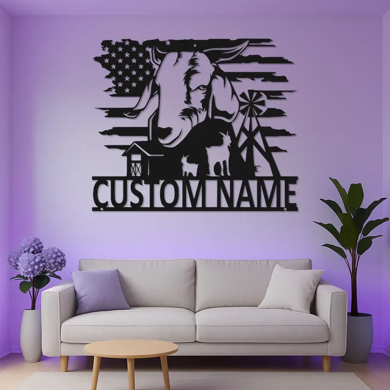 Enseigne métallique personnalisée de chèvre avec LED | Art mural personnalisé de maison de campagne | Décor de ranch avec drapeau américain pour agriculteurs