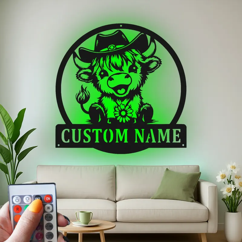 Cartel de metal LED de vaca de vaquero personalizado, regalo de granja para decoración de guardería o habitación infantil