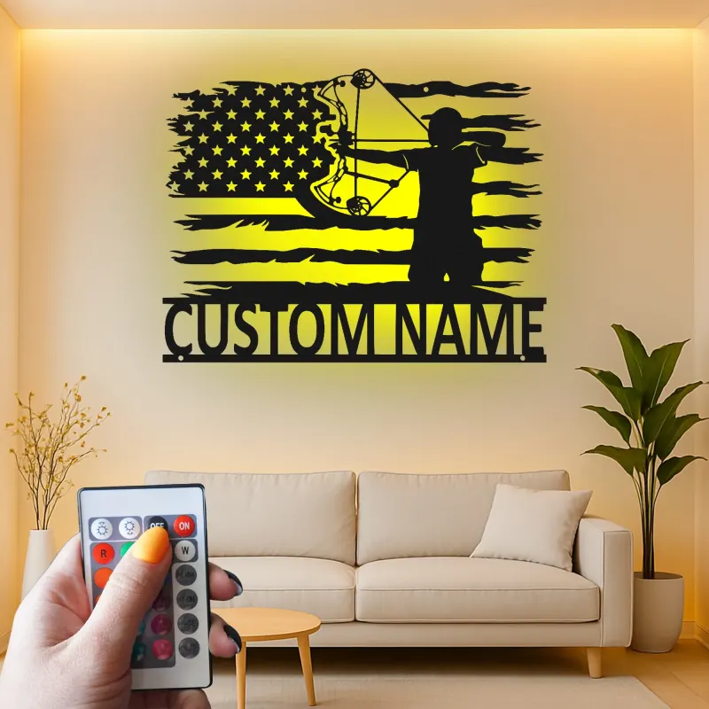 Personalisierte Bogenschießen Amerikanische Flagge LED Licht Metall Wandkunst Einzigartiges Geschenk für Bogenschützen Man Cave oder Garagen Dekor