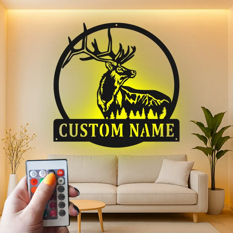 Personalisierte LED-Metall-Wandkunst mit Elch – Jagdgeschenk für Ihn, rustikale Hüttendeko