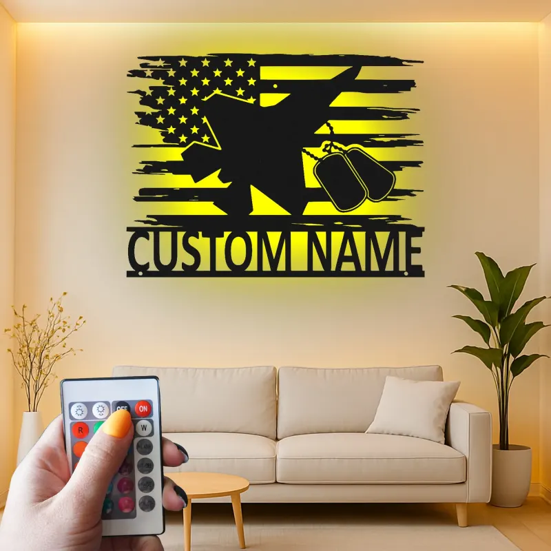 Insegna in metallo personalizzata per jet militare | Arte murale LED personalizzata | Regalo patriottico per veterani e decorazione con bandiera americana