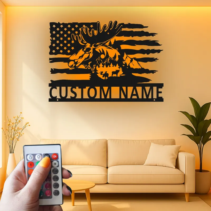 Custom Moose LED Metal Wall Art | Personalized Rustic Cabin Decor | Lighted American Flag Wildlife Sign | Hunter Gift