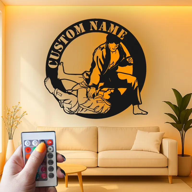 Panneau en métal LED BJJ personnalisé | Art mural de jiu-jitsu personnalisé | Décor de dojo d'arts martiaux | Cadeau de grappling pour lui