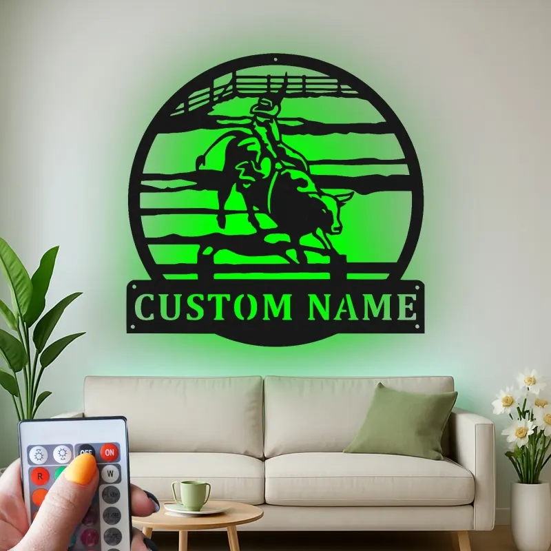 Arte de metal de jinete de toro de rodeo | Cartel LED de vaquero personalizado | Decoración y regalo de rancho western personalizado