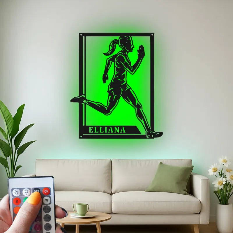 Personalized Female Runner Metal Wall Art | LED Name Sign for Athlete's Room | Custom Track & Field Gift