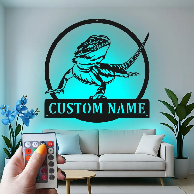 Insegna in metallo personalizzata con luci LED a forma di drago barbuto - Regalo per amanti dei rettili - Decorazione per camera da letto o soggiorno 1