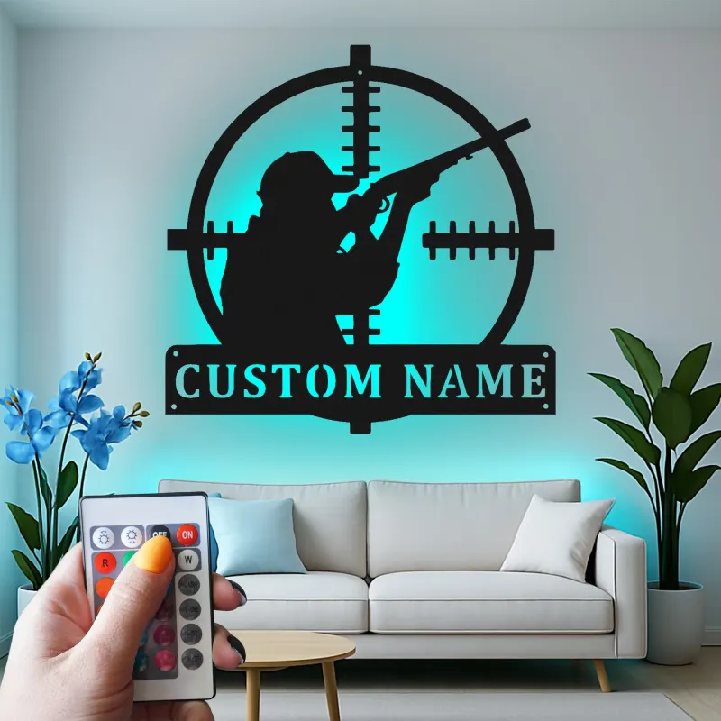 LED-Metallkunst mit Jägersilhouette | Personalisierte Schild für Zielfernrohre im Ferienhaus | Individuelles Geschenk für Jäger