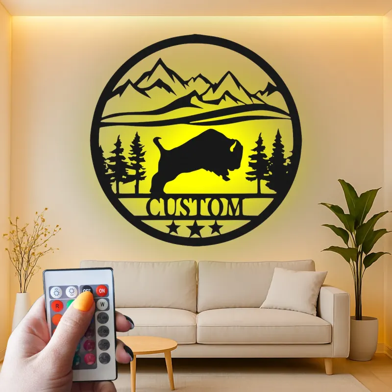 Cartel de metal LED personalizado de escena de montaña con búfalo, regalo para amantes de la naturaleza, decoración de cabaña rústica