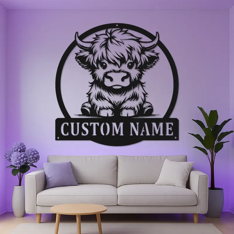 Insegna LED Highland Cow personalizzata | Arte da parete in metallo personalizzata | Decorazione moderna per casa e business
