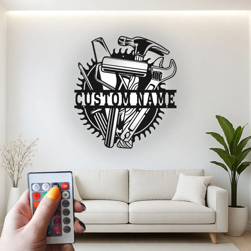Custom Tool Set Led Light Metal Wall Art Personalized Gift for Handyman Garage Workshop Decor 1