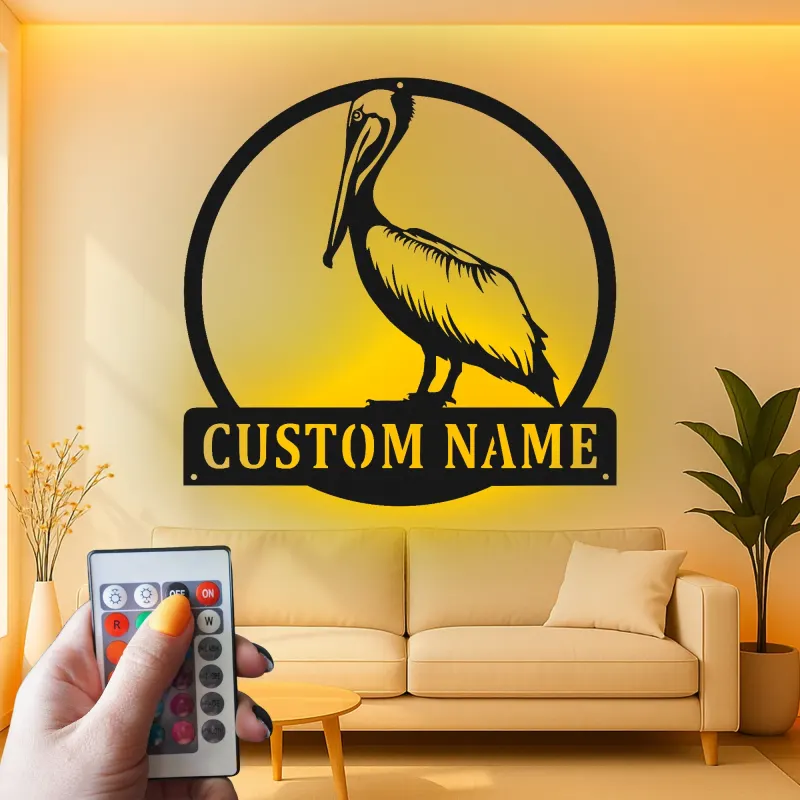 Insegna in metallo personalizzata con LED a forma di pellicano regalo per casa costiera decorazione per soggiorno