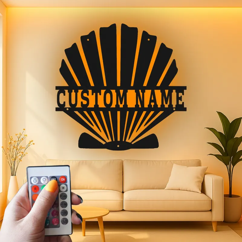 Décoration murale en métal en forme de coquillage | Panneau LED personnalisé pour décor côtier | Cadeau nautique inspiré de l'Art Déco pour maison de plage ou entreprise