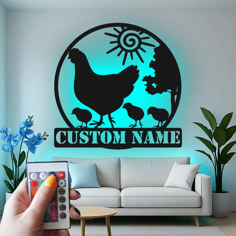 Insegna in metallo LED Famiglia Pollo Personalizzata Regalo per Casa Decorazione Cucina Rustica