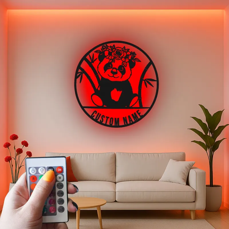 Panneau en métal pour bébé panda personnalisé | Décor de nursery LED personnalisé | Panneau avec couronne florale | Cadeau mignon pour chambre d'enfant