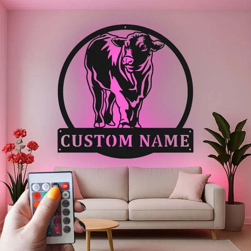 Décoration murale en métal LED personnalisée de vache - Cadeau de ferme rustique - Décor de grange