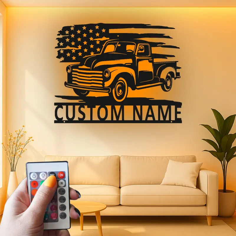 Personalisierte Vintage-Truck LED-Licht Metall-Wandkunst Geschenk für Auto-Enthusiasten Garagen- oder Männerecken-Dekor