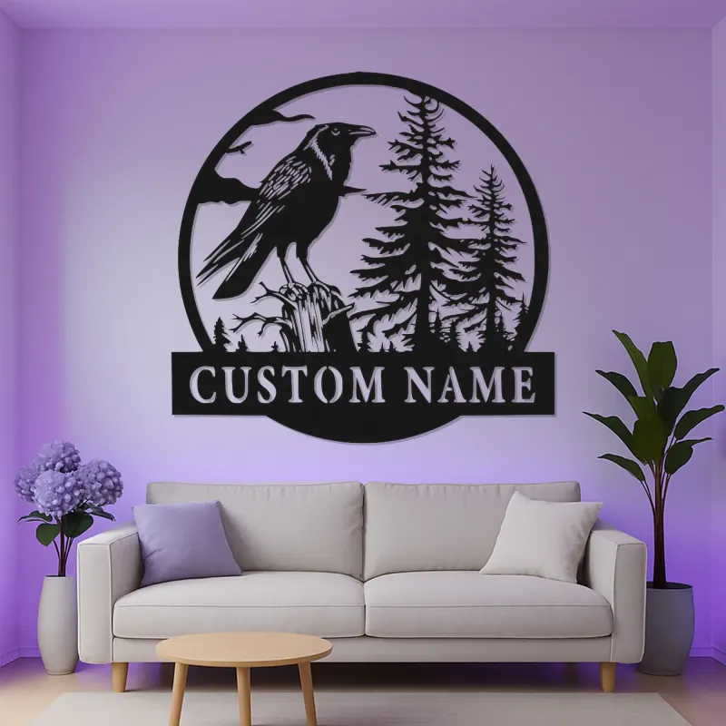Décoration murale en métal LED de corbeau | Panneau nominatif personnalisé pour décor de cabane | Silhouette de faune forestière personnalisée | Cadeau pour amoureux de la nature