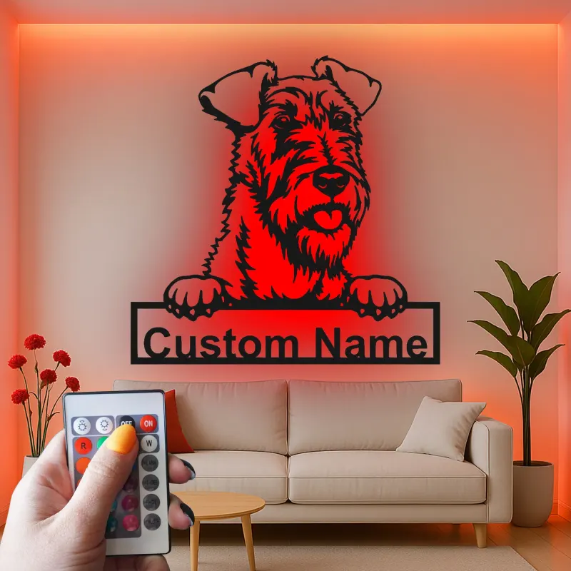 Décoration murale en métal LED personnalisée en forme de terrier Airedale - Cadeau pour les amoureux des chiens - Décor pour le salon