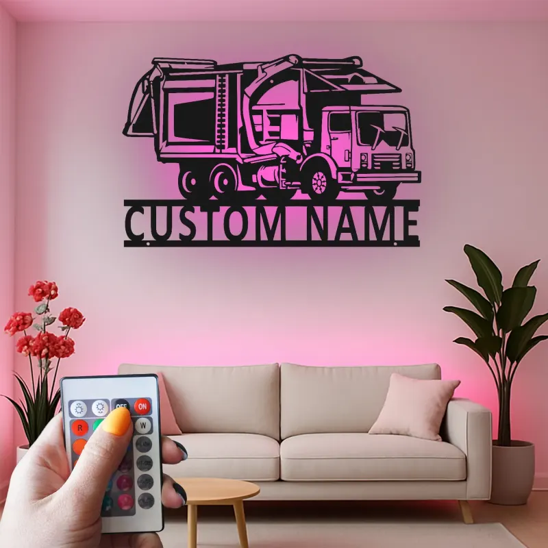 Custom Garbage Truck LED Sign | Personalized Metal Wall Art | Waste Management Driver Gift | Industrial Man Cave Decor