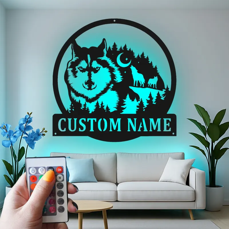 Custom Wolf Forest Scene Led Light Metal Wall Art Personalized Nature Lover Gift Rustic Cabin Decor