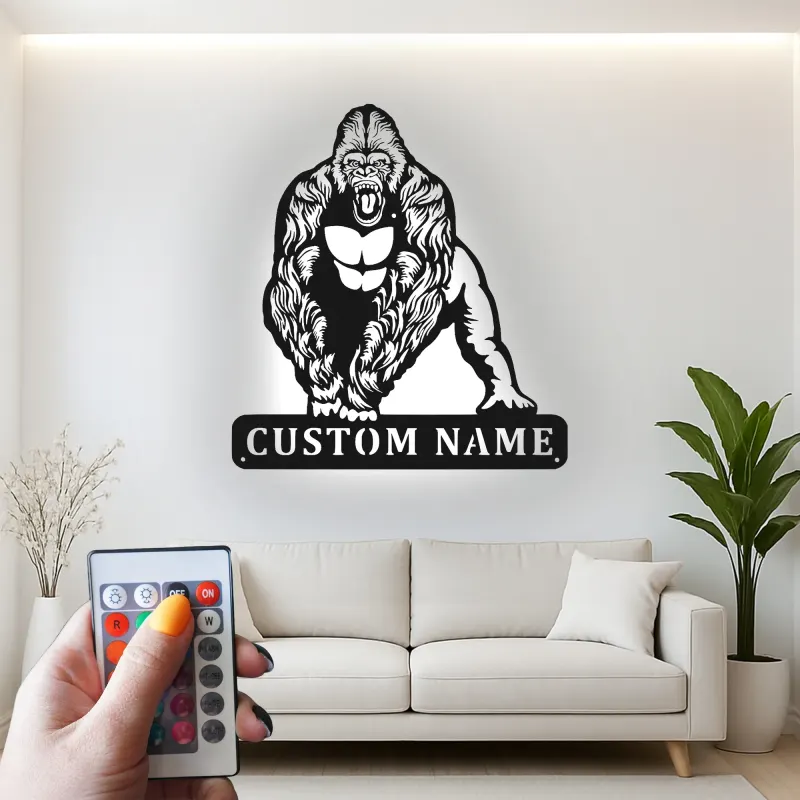 Arte murale in metallo con gorilla e LED | Insegna personalizzata con nome per man cave, home gym | Decorazione personalizzata con fauna selvatica
