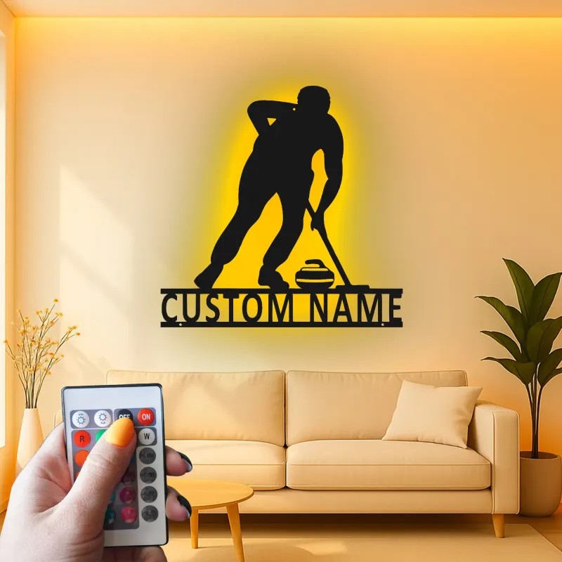 Insegna in metallo personalizzata con luce LED a tema giocatore di curling regalo sportivo per curlers decorazione per sala giochi
