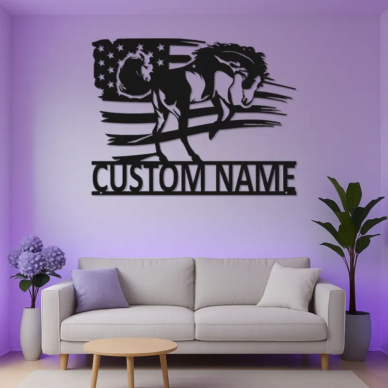 Panneau en métal LED personnalisé avec cheval | Panneau représentant le drapeau américain patriote | Cadeau équestre pour décor de ranch et de grange