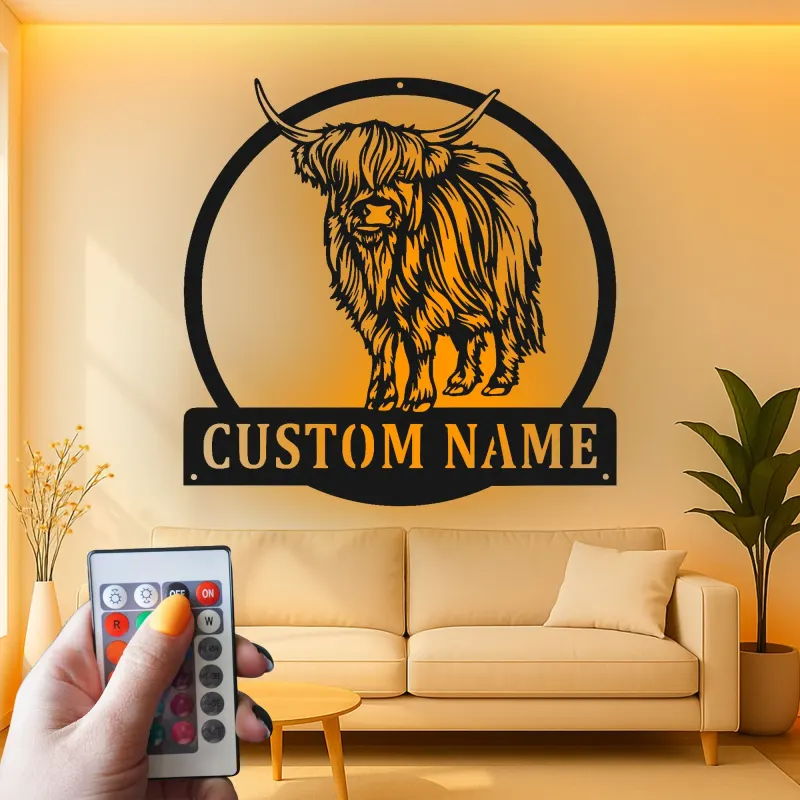 Décoration murale LED en métal Highland Cow | Enseigne ferme personnalisée | Cadeau déco rustique sur mesure pour amoureux des vaches