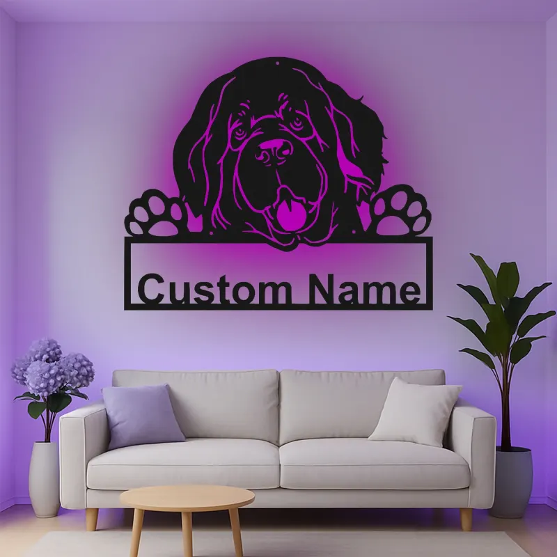 Cartel de metal personalizado con luz LED de perro de Terranova, regalo para padres de mascotas, decoración de salón o entrada