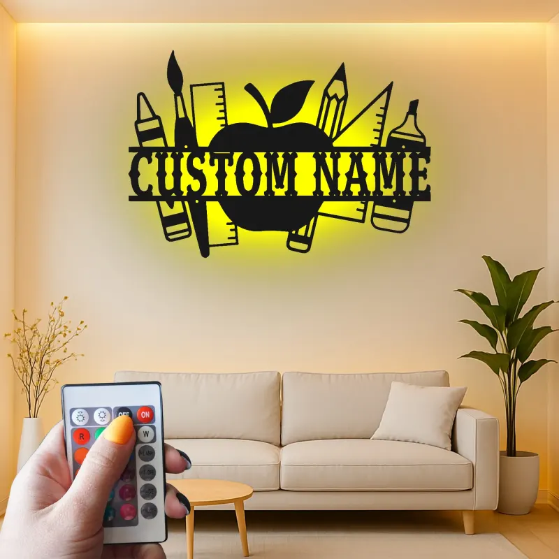 Cartel de nombre de profesor personalizado | Arte mural de metal LED para aula | Decoración personalizada de útiles escolares | Regalo de fin de año para educadores