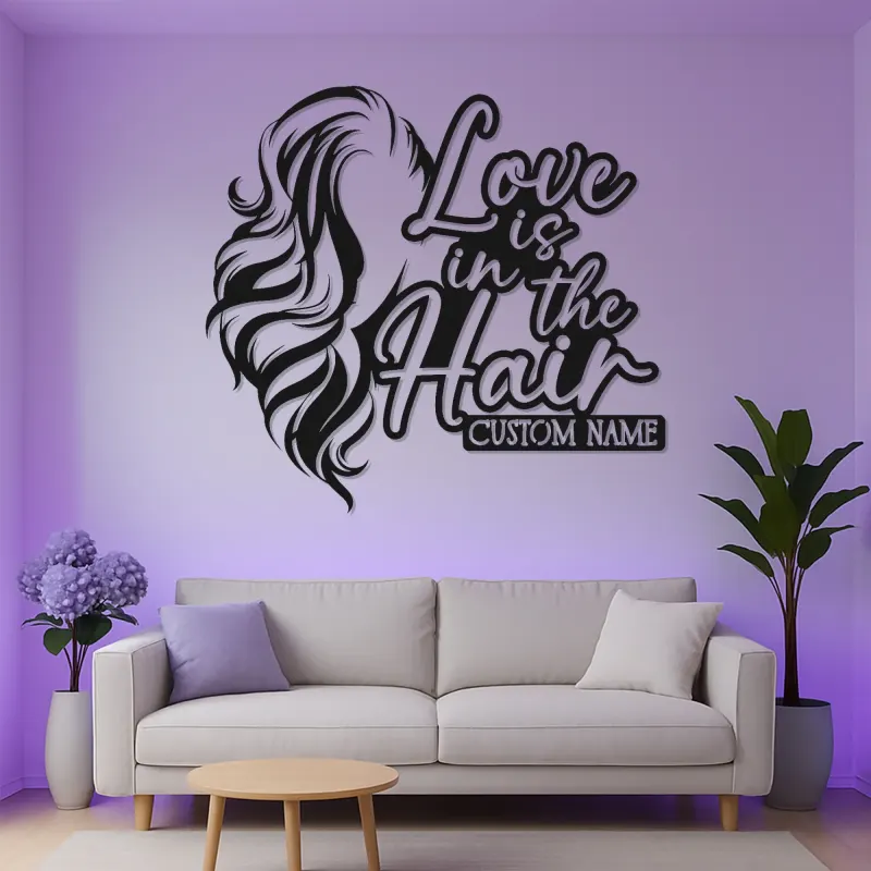 Custom Hairstylist LED Sign | Personalized Metal Wall Art for Salon Decor | Love is in the Hair Light Up Nameplate