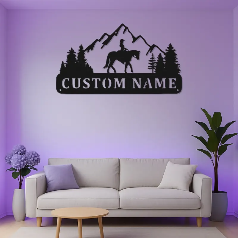Art en métal personnalisé de cavalier de cheval | Panneau LED équestre personnalisé | Décor mural de ranch et de cabane pour cadeau