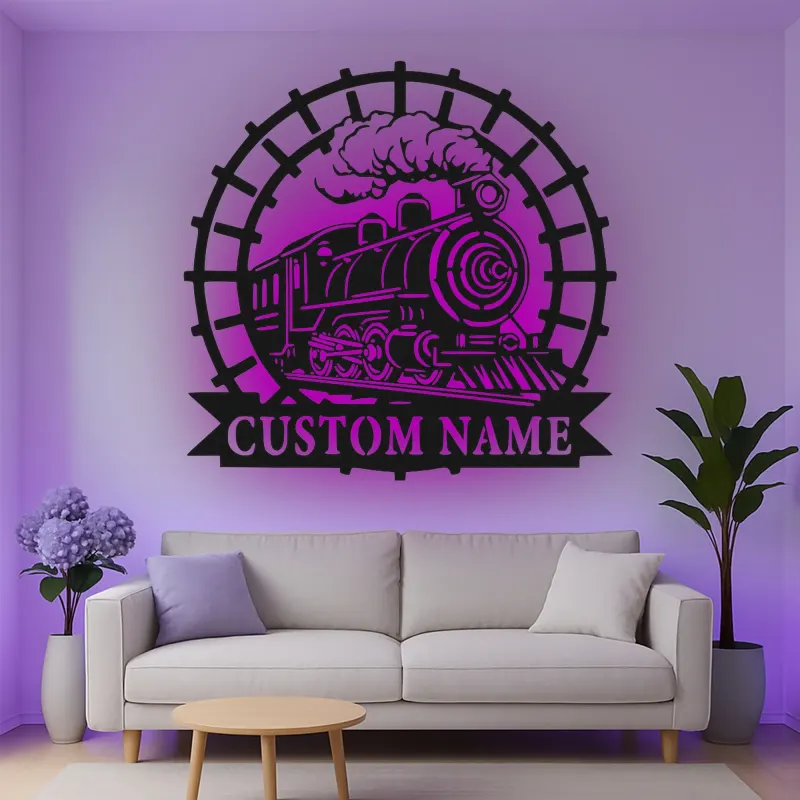 Décoration murale en métal personnalisée de train à vapeur avec rétroéclairage LED - Cadeau pour passionnés de trains, décoration pour man cave ou bureau