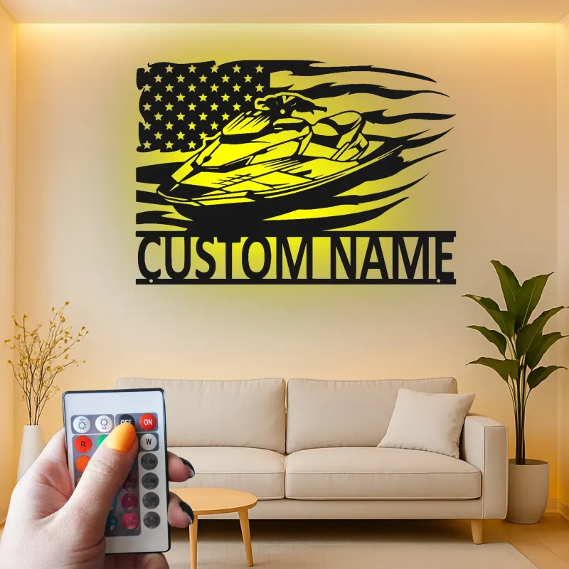 Insegna in metallo personalizzata per Jet Ski con LED | Insegna con nome per imbarcazione per casa al lago | Regalo per appassionati di nautica e decorazione per garage
