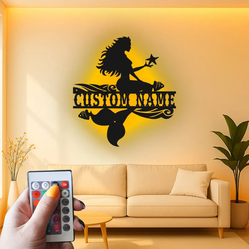Panneau de sirène personnalisé | Lumière LED personnalisée | Décoration murale en métal pour chambre de fille | Décor de nursery nautique