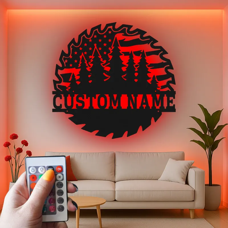 Personalized Saw Blade Metal Sign | Forest & Flag LED Wall Art | Custom Name Cabin Decor | Outdoorsman Gift for Him