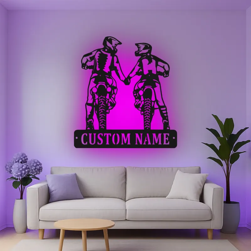 Custom Motocross Couple Led Light Metal Wall Art Personalized Gift for Bikers Garage or Man Cave Decor 1