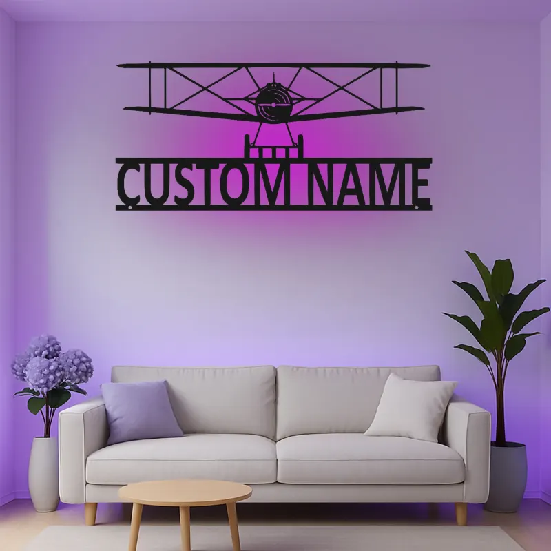 Décoration murale en métal LED personnalisée Biplan Cadeau d'aviation pour pilote Décor de hangar pour passionnés d'aviation